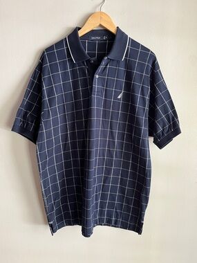 Nautica Navy Blue Windowpane Check Polo Shirt Cotton Classic Fit XL